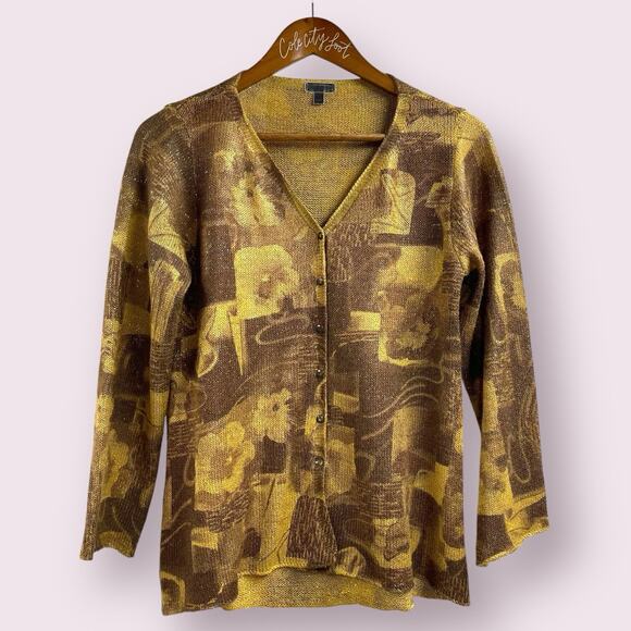 Metallic Gold Print Snap Front V Neck Cardigan Sweater Small Fitted - Picture 1 of 8